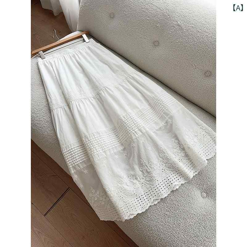 スカート 女性用 ホワイト ハイウエスト Aライン ロング 綿 軽量 精緻刺繍 フレンチスタイル ティアードスカート カジュアル 日常使い ボリュームシルエット 通気性 レイヤードx2｜新風堂