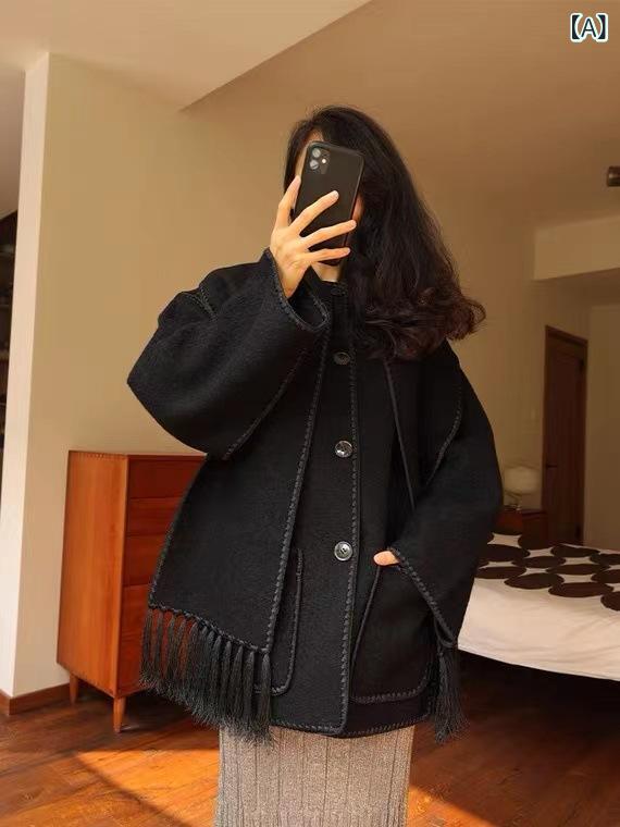 秋冬 ウールコート ダブルフェイス 刺繍 フリンジ スカーフスタイル 暖か クラシック 女性用 ロング丈 切り替え 柔らかい素材｜新風堂