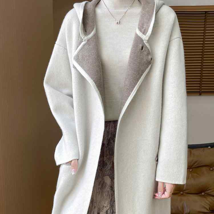 厚地の外套 レディース 秋冬 両面毛糸 中長丈 ボンネット付き添い人 ゆったり アウター 生あたたかい 羊毛 フェルト 朦々たる 今めかしい