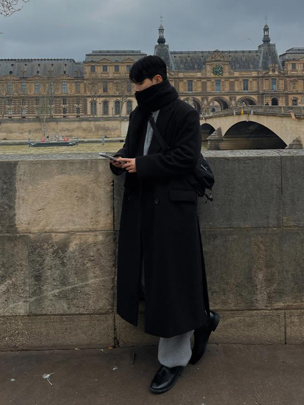 コート メンズ ブラック ウール 中長丈 秋冬 厚手 ゆったり 膝下丈 ロングコート 通勤用 暖か スタイリッシュ シルエット｜新風堂