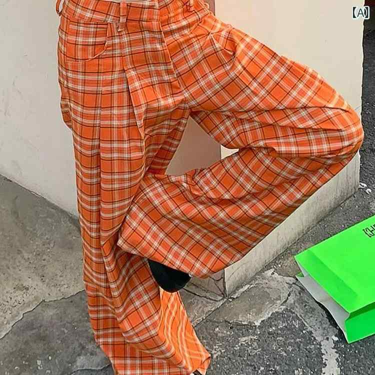 レディース パンツ オレンジ色 チェック柄 夏用 薄手 ハイウエスト ドレープ感 ストレート ワイドレッグ ゆったり カジュアル ボトムス 日常使い 軽量 伸縮性