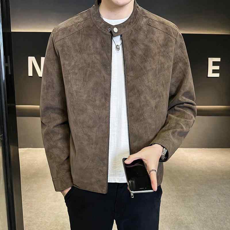 メンズ 秋 カジュアル 長袖 スタンドカラー スエード ジャケット ブラウン 普段使い ソフト素材 暖かみ スタイル