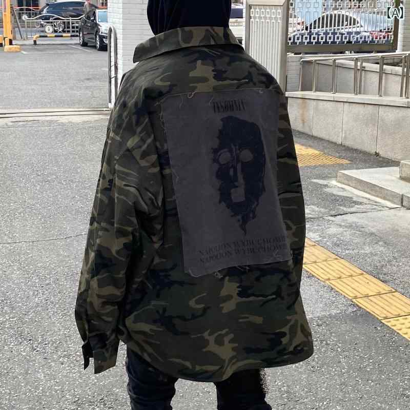 ミリタリージャケット レトロ ウォッシュ加工 古着風 ダークチェック柄 パッチワーク カモフラ柄 ミリタリーグリーン シャツ アウター カジュアル ストリート ビンテージスタイル|新風堂