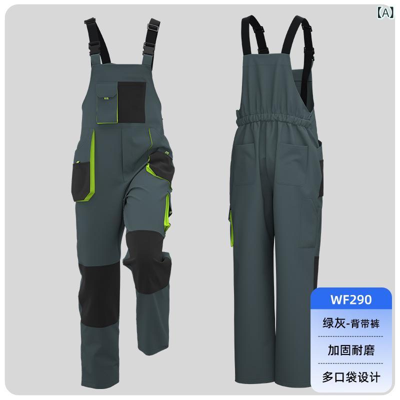 作業パンツ オーバーオール タイプ 多ポケット 切り替えカラー 立体ポケット ワークウェア 工場用 耐久性 機能的 ストレッチ素材 通勤対応 普段使い