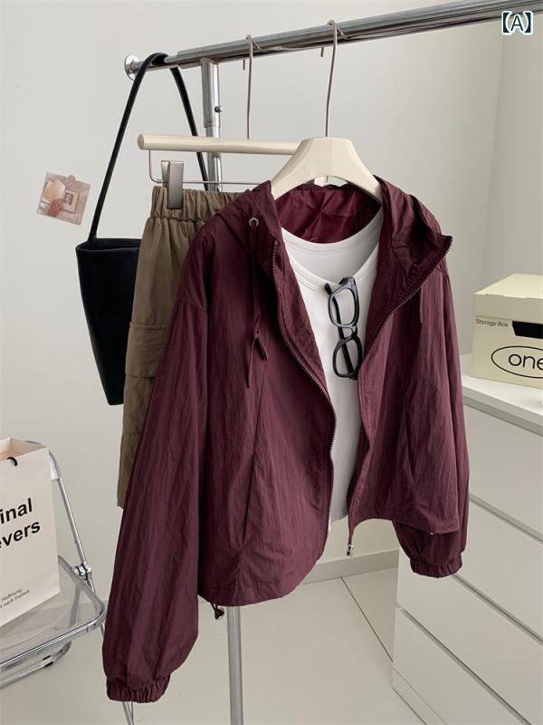 女性用 春 スタイリッシュ 登山ジャケット 紫色 フード付き ラグランスリーブ ショート丈 小柄向け UVカット 防水 防風 軽量 アウトドア 吸湿速乾 7,448円