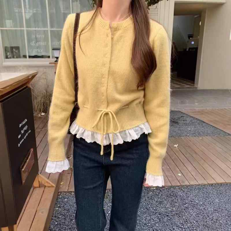 秋冬 レディース ニットカーディガン フェイクツーピース 韓国 かわいい レース フリル ウエストシェイプ 紐付き ニット素材 暖かみ スタイル 普段使い 柔らかい シルエット
