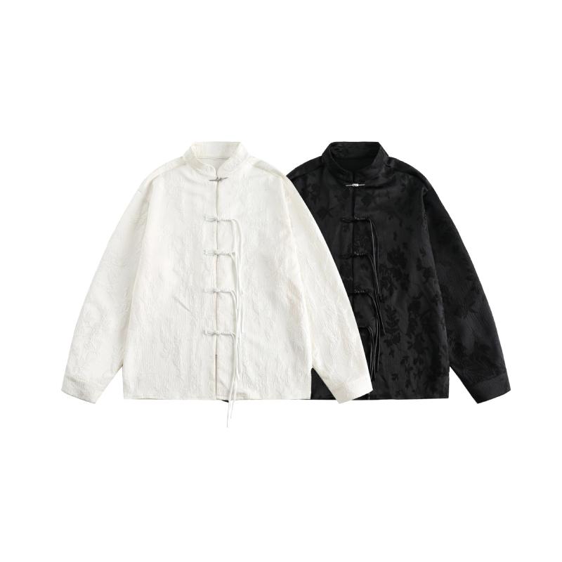 シャツ メンズ モダンチャイナ風 高級感 提花柄 中国風ボタン 秋用 スタンドカラー 長袖 トップス カジュアル 普段使い レイヤード