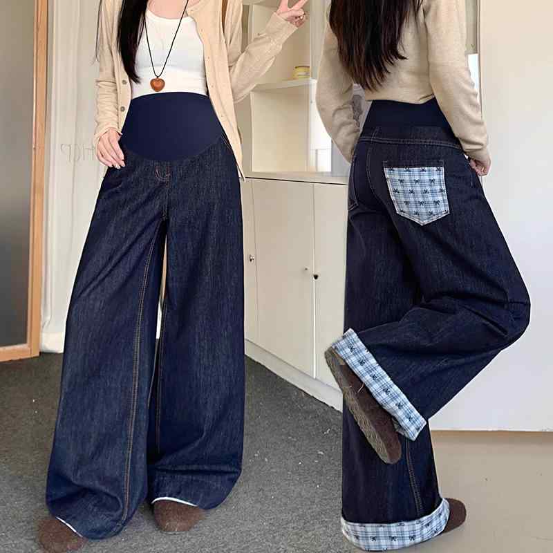 妊婦用 デニムパンツ 春秋 カジュアル ゆったり ワイドレッグ ストレート ロングパンツ 蝶結び ロールアップ 伸縮性 快適 日常使い ボトムス マタニティウェア