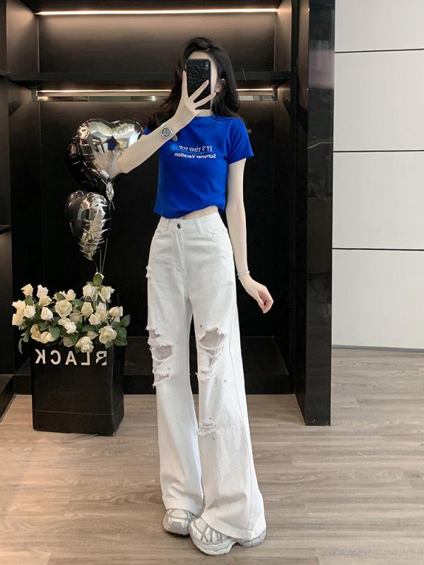レディース 夏用 短袖 Tシャツ ワイドレッグ デニムパンツ セット ミニマル おしゃれ ストーン 装飾 デート用 スタイル デニム 素材 ゆったり シルエット 吸湿速乾x5
