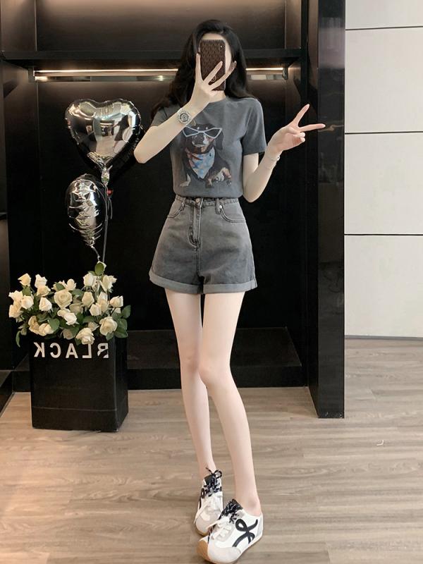 レディース 夏 薄墨色 ゆったり 短袖 プルオーバー ジーンズ さる股引き 仕掛ける トップス ボトムス 心地よい 座標 日常使い走り 伸び伸びする 綿織物 ジーンズ原料品 軽さ 伸縮性x5