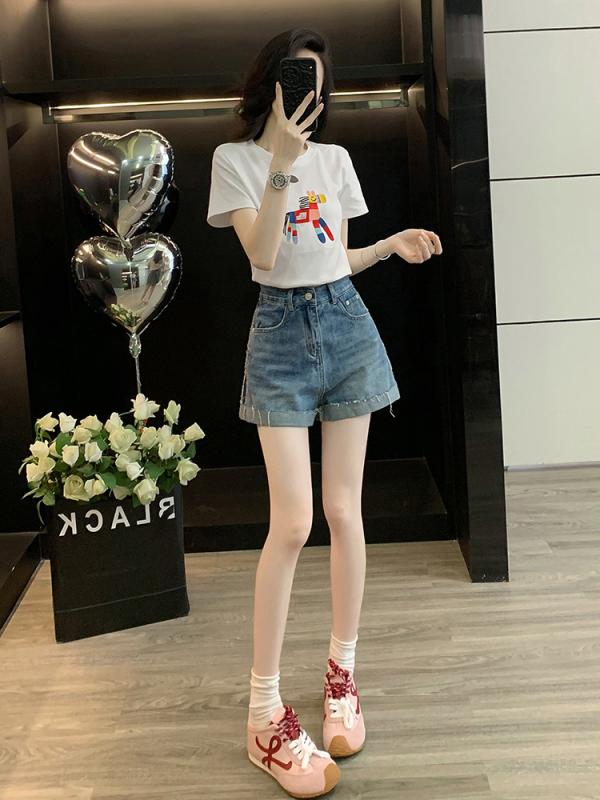 レディース 夏 韓国 セットアップ 短袖 トップス デニム ショーツ 2点セット ホワイト スタイリッシュ かわいい カジュアル 普段使い 軽量 伸縮性x5 7,174円