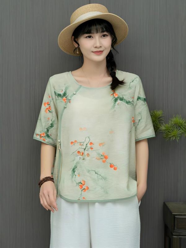 ブラウス レディース 夏 短袖 中華風 花柄 薄手 コットン ゆったり 盤ボタン 軽量 吸湿速乾 再生繊維 爽やか x3