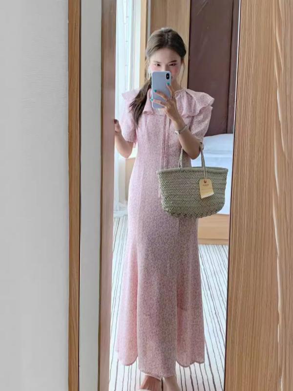 レディース ワンピース ボートネック ウエスト紐 スリム フラワープリント シフォン フィッシュテール ロングドレス 夏 軽量 涼しい フェミニン ガーリー 日常使い