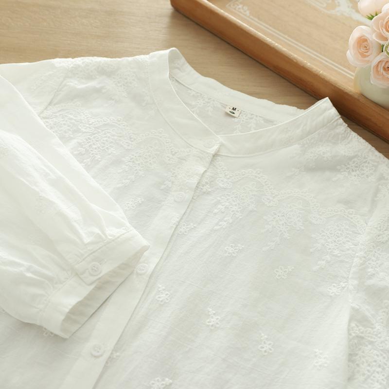 レディース 七分袖 立襟 ブラウス 夏用 薄手 綿 素材 フレンチスタイル 文芸風 浮き彫り 刺繍 軽量 吸湿 速乾 機能 女性用 トップス 普段使い 上品 形状x2