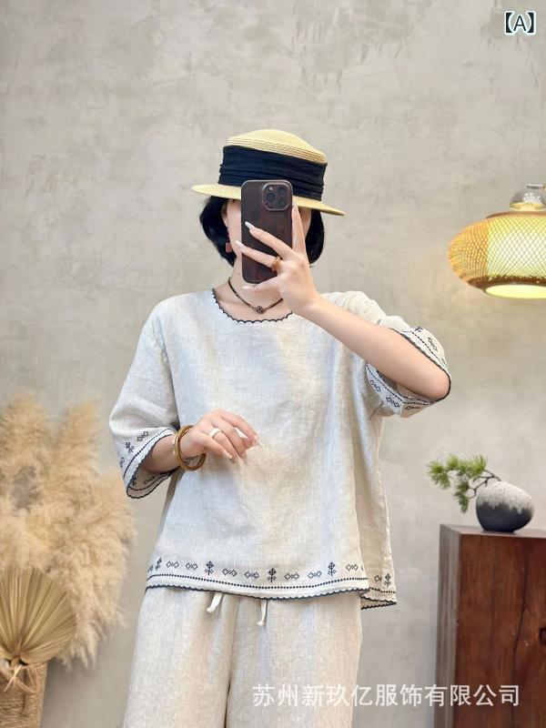 Tシャツ レディース 春夏 半袖 五分袖 トップス カットソー チュニック 襯衣 麻 リネン 刺繍 花柄 丸首 クルーネック プルオーバー ゆるカットソー 大きいサイズ 体型カバー 着痩せ 細見え ゆったり カジュアル ナチュラル系 エスニック アジアン｜新風堂