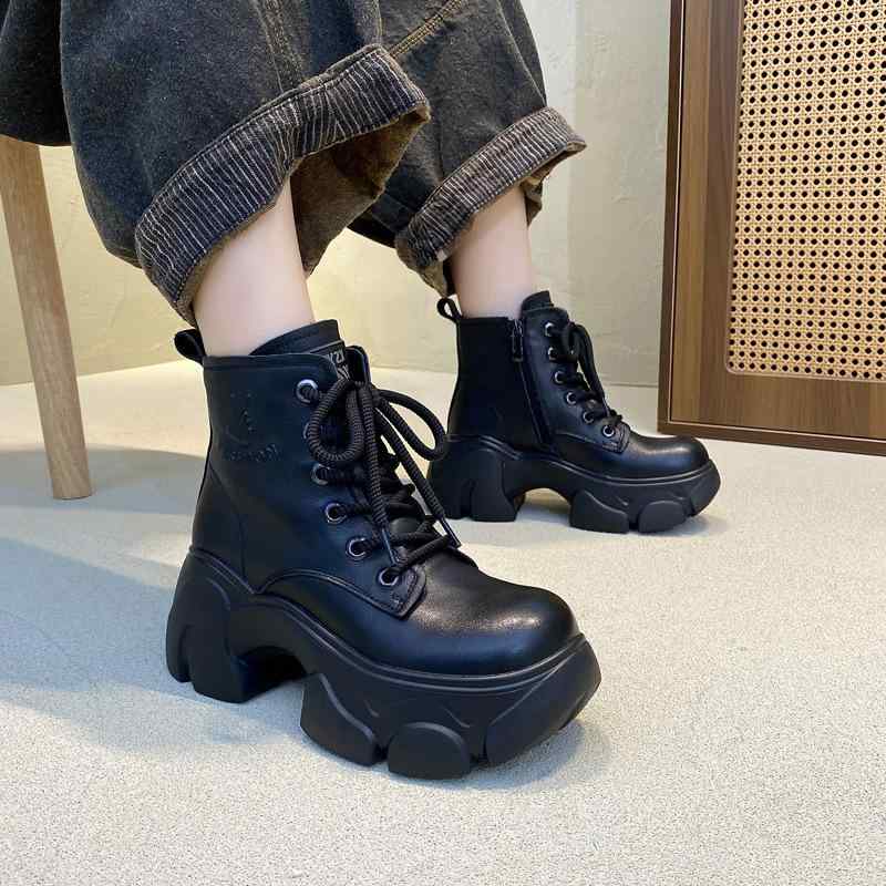 レディース 厚底 アンクルブーツ 羊毛 皮毛一体 真皮 紐付き 秋冬 暖か 綿入り ショート 暖足 防寒 革靴|新風堂