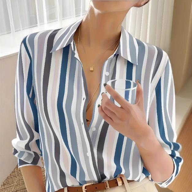 レディース トップ 縞模様 色彩設計 シフォン 春夏 レトロ 襟付き添い人 ゆったり 影ぼうし 軽さ 冷やりとした か細い成り行き 通い 心地好い トップス