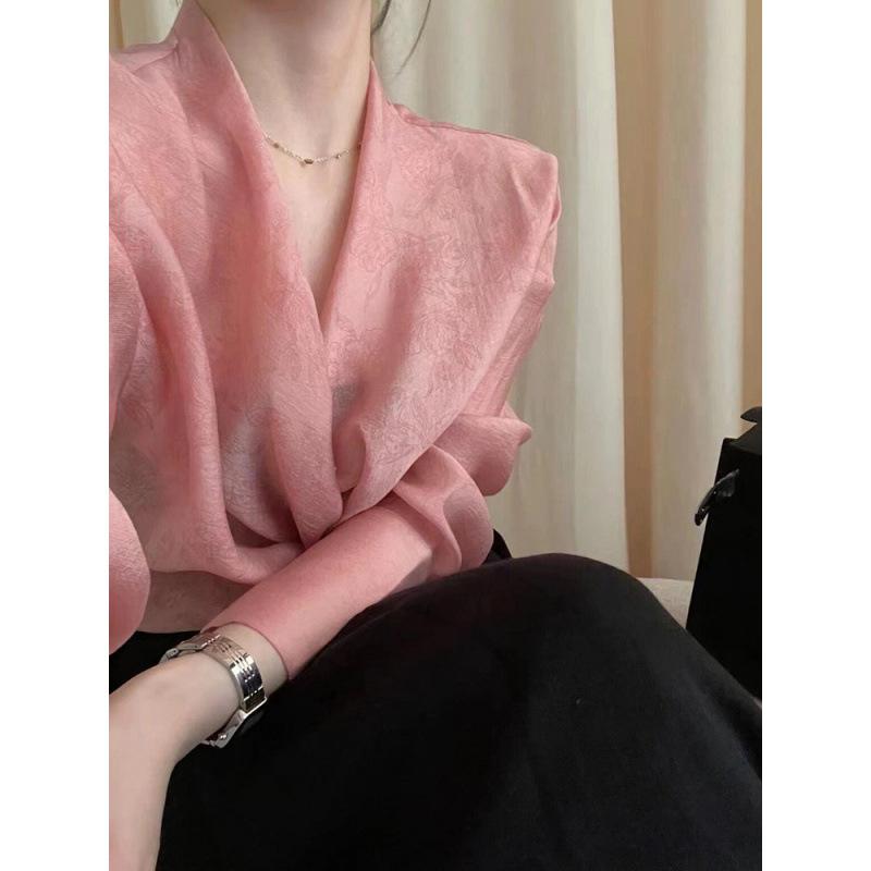 レディース ブラウス 春 ピンク Vネック 紐付き ウエストシェイプ シフォン 中華風 ゆったり 軽やか スタイリッシュ トップス 普段使い ファッション