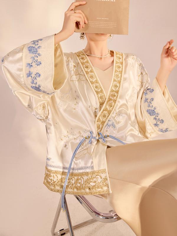 レディース 春 ゆったり 厚地の外套 蝶 刺しゅう 曲がった 襟 御前上等感 今めかしい 中国風  影ぼうし 雅びやか 普段使い走り 軽さ
