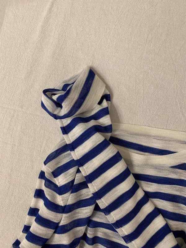 ニット トップス 長袖 Tシャツ UVカット ネイビー リネン ストライプ クルーネック 白肌効果 吸湿速乾 軽量 普段使い