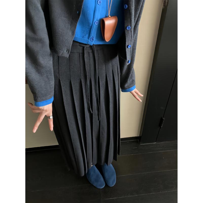 レディース スカート 秋 ニット ハイウエスト プリーツ Aライン 中長丈 細見え 普段使い 柔らかい素材 伸縮性