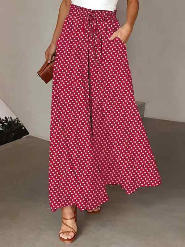 レディース 春夏 ボヘミアン ワイドパンツ ゴムウエスト ポルカドット プリント ロング丈 スカートパンツ ゆったり カジュアル ボトムス 快適 軽量 伸縮性x2