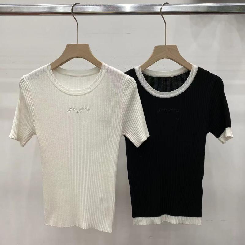 レディース 短袖 Tシャツ ニット トップス 刺繍 スリムフィット 薄手 伸縮性 ショート丈 セクシー 普段使い 春夏