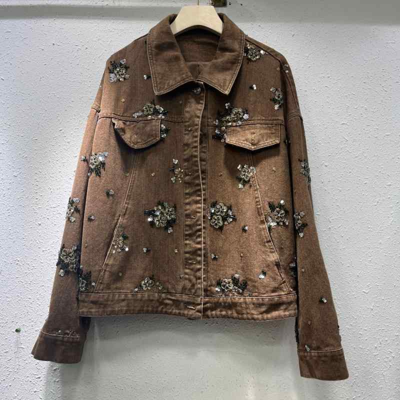 レディース デニムジャケット 春秋 ゆったり スリム ヴィンテージ 長袖 厚手 輝きパーツ デニム生地 ストリートスタイル 軽量 伸縮性