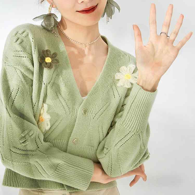 カーディガン 女性用 春冬 ショート丈 Vネック 立体花柄 薄手 レース ニット トップス 軽量 アウター セーターx2
