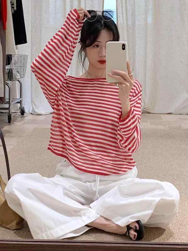 Tシャツ レディース 麻素材 赤 ストライプ Vネック 薄手 ニット 夏 UVカット インナー トップス カジュアル リラックススタイル 軽量 通勤 普段使い