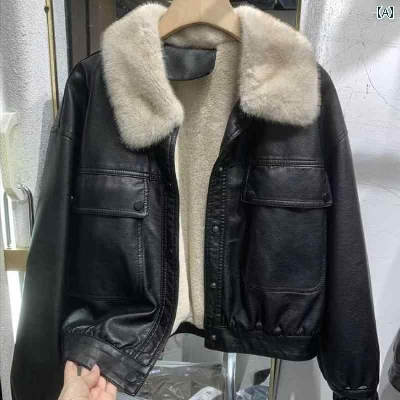ジャケット 女性用 冬用 革製 バイカースタイル ショート丈 ラビットファー 裏地 暖か アウター 防寒 スタイリッシュ 普段使い 5,518円