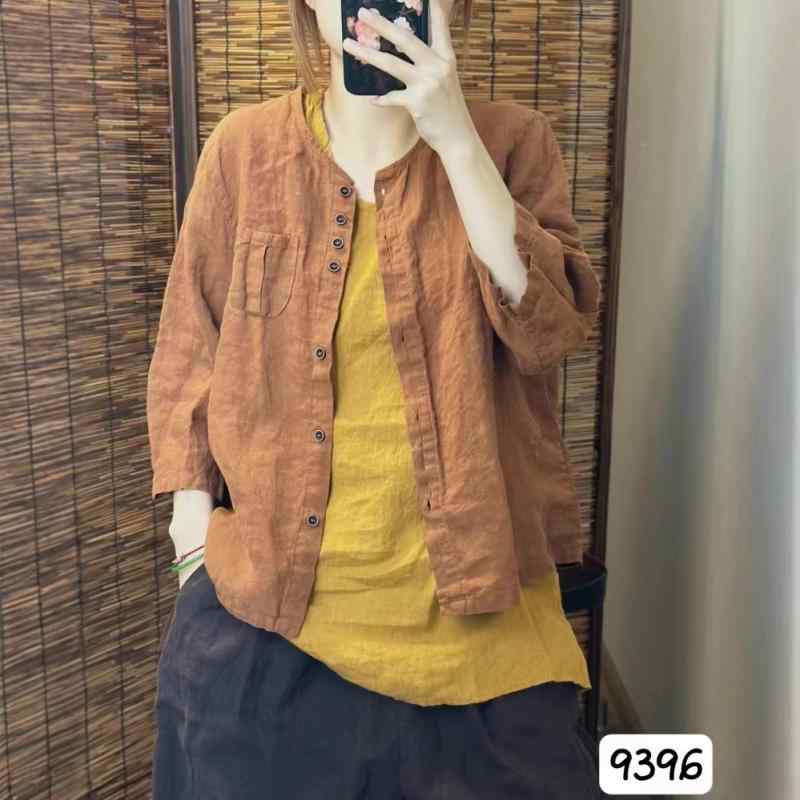 レディース シャツ レトロ 麻 リネン 素材 石洗い 加工 丸首 ゆったり フィット シングル ブレスト 無地 単色 七分袖 開襟 トップス