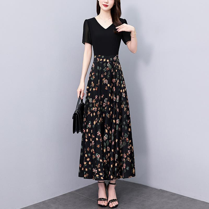ワンピース レディース 花柄 シフォン ロングドレス 大きめサイズ ぽっちゃり対応 ウエスト切り替え スリム効果 お腹カバー 夏用 軽量 通気性 吸湿速乾 高級感 普段使い