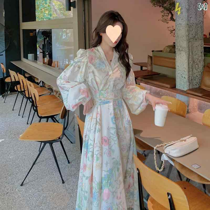 レディース フレンチレトロ フラワープリント ロングワンピース 春夏 スリム 優しいスタイル 甘美 フェミニン ドレス 軽やか 女性らしい シルエット