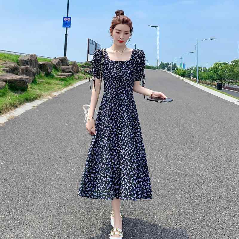 ワンピース レディース 夏用 花柄 シフォン ロングドレス パフスリーブ スクエアネック 高級感 スリムライン エレガント スタイルアップ 軽やか フェミニン