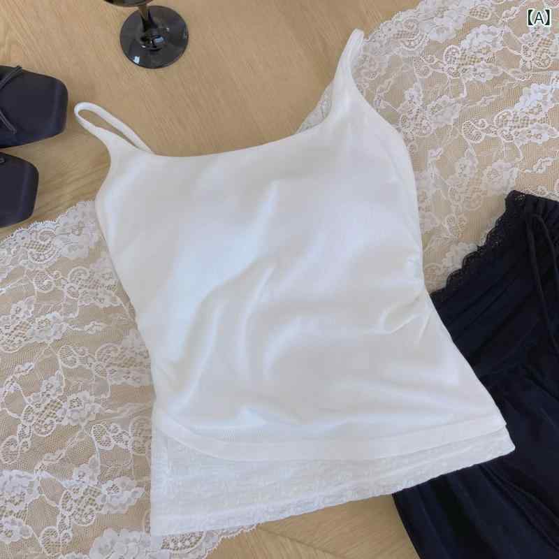 女性用 キャミソール レース 切り替え 夏用 単色 インナー スリムフィット 胸パッド ストラップ ボディコンシャス 軽量 吸湿速乾x2