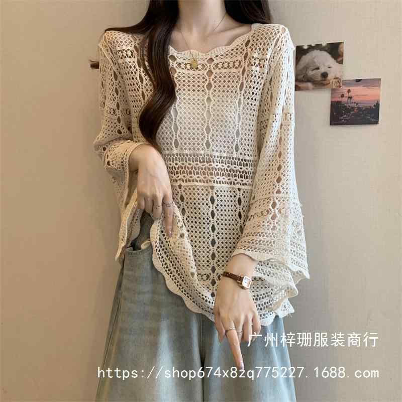 レディース ニット トップス 七分袖 フレア スリーブ クロシェ 編み 透け ゆったり シルエット UV カット 防晒 アウター 秋 外出着