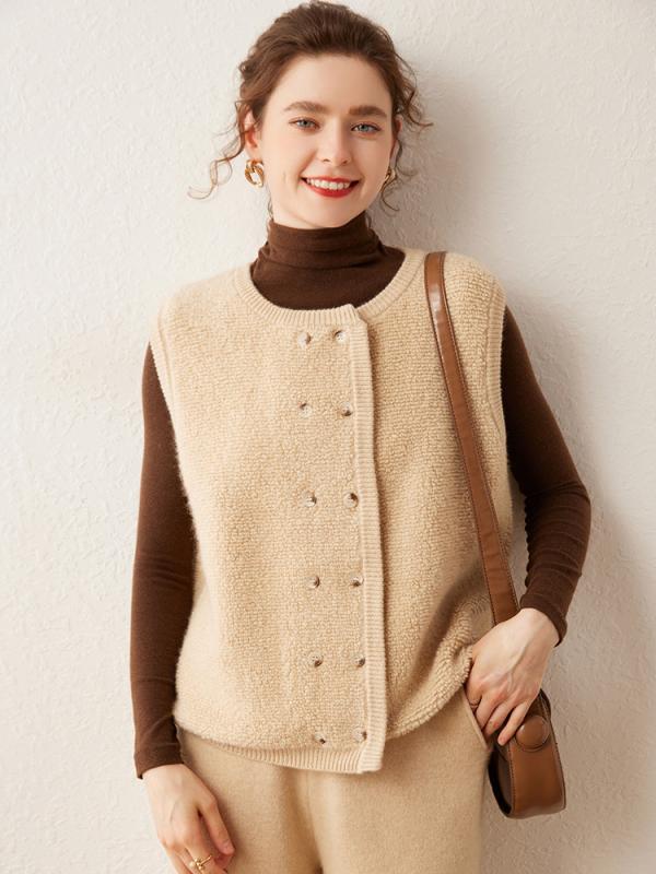 秋冬 レディース ニット ベスト カーディガン ダブルブレスト カシミヤ ウール クルーネック 無地 厚手 ゆったり 暖か 重ね着 柔らかい 高級感