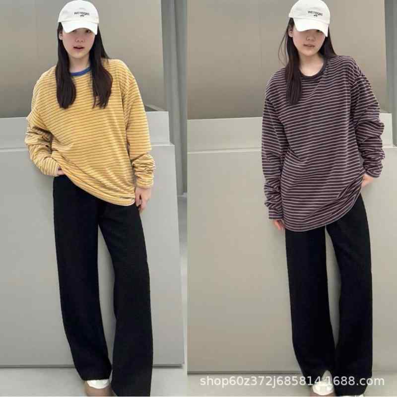 春 長袖 Tシャツ ゆったり クルーネック ストライプ アルファベットロゴ刺繍 ヴィンテージ加工 ユニーク カジュアルトップス