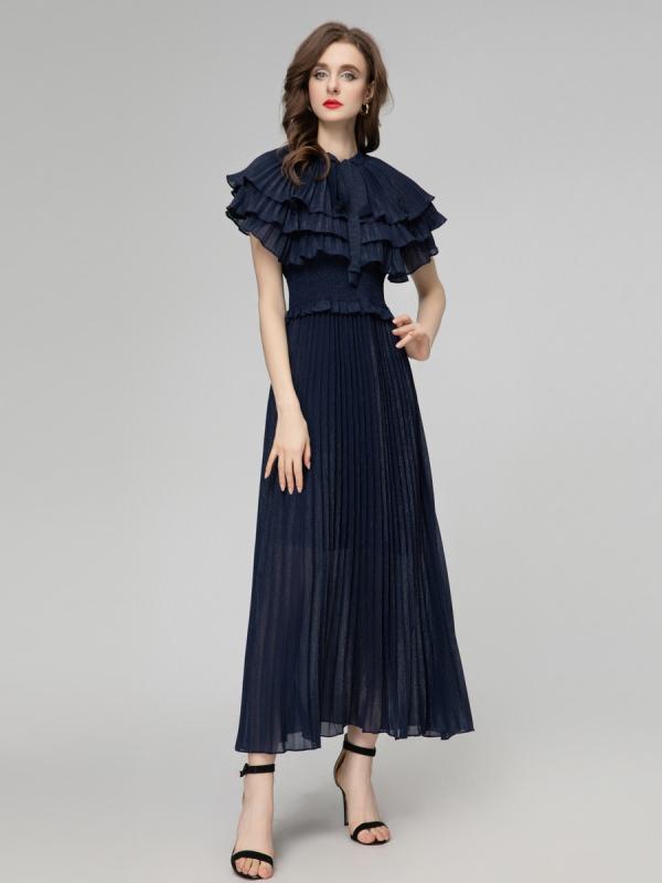 レディース ワンピース 春夏 プリーツ フレア ロング ケープ付き 伸縮ウエスト 光沢加工 軽量 女性用 普段使い 伸縮性 涼しい シルエットx2