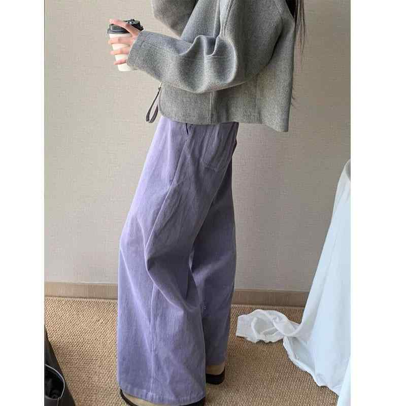 レディース ワイドパンツ 高腰 スリム見せ ゆったりシルエット 梨型ボディ向け パープル ストレート カジュアル 普段使い 春 軽量 伸縮性x2