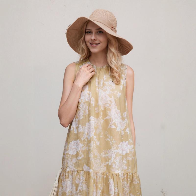 ワンピース レディース ノースリーブ Aライン ゆったり ビッグサイズ 夏用 切り抜きプリント 柄 カジュアル 日常使い 軽量 コットン風 素材