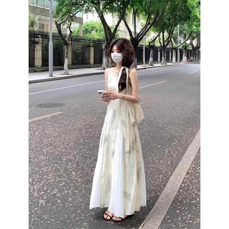 ワンピース レディース 夏 カジュアル ストラップ 中国風 レトロ 水墨 花柄 プリント 収腰 スリム フレア スカート 軽やか コットン 混 普段使い