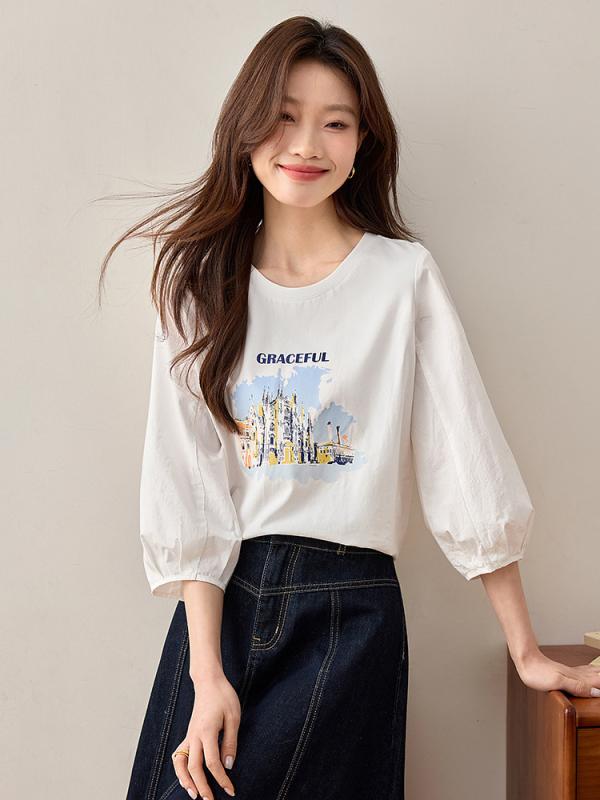 レディース 春夏 七分袖 花柄 ゆったり 丸首 トップス 普段使い コーディネートしやすい カットソー 伸縮性 吸湿速乾x2