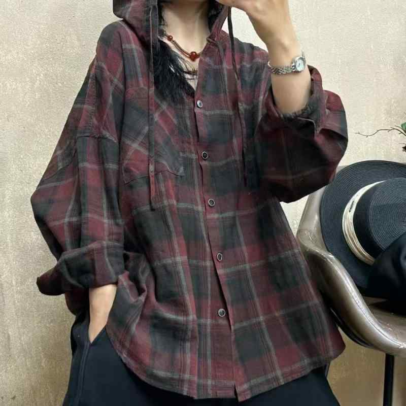 カーディガン レディース フード付き ゆったり リラックス チェック柄 配色 シングルポケット シャツ カジュアル 普段使い 春夏 軽量 伸縮性