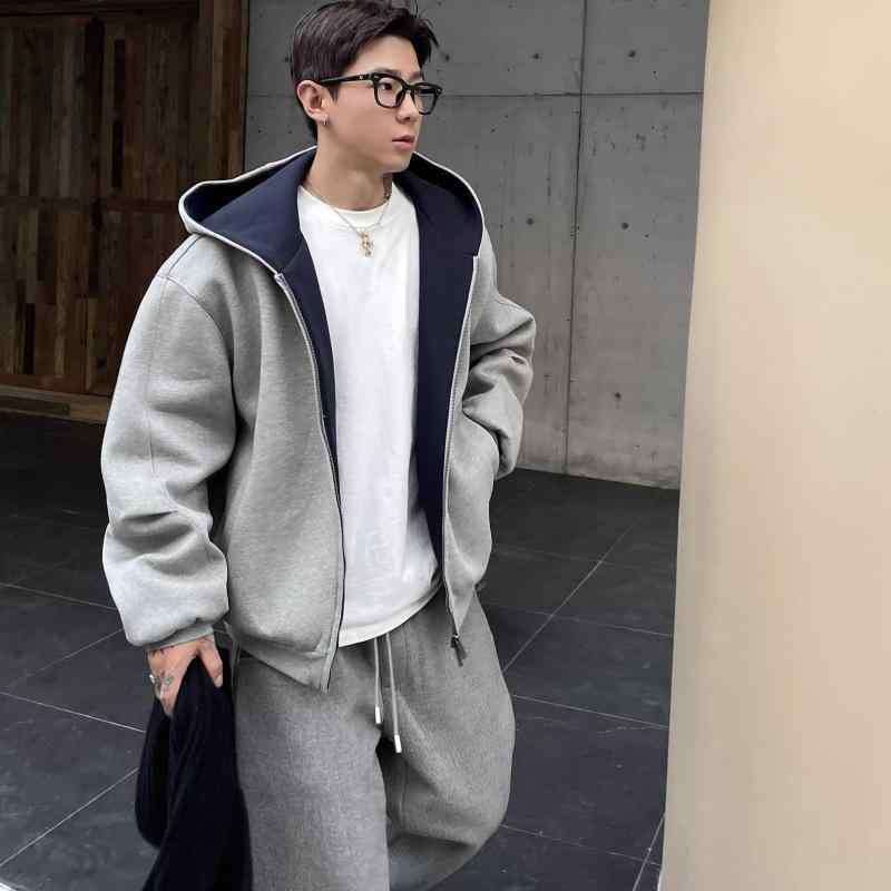 メンズ フード付きスウェット カーディガン ダブルジッパー コントラストカラー フィット オーバーシルエット リバーシブル アウター 厚手 カジュアル ストリートスタイル