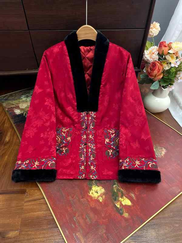 レディース 秋冬 民族風 レトロ 中華風 刺繍 Vネック 綿入れ ジャケット 綿 素材 暖か 防寒 普段使い 装飾