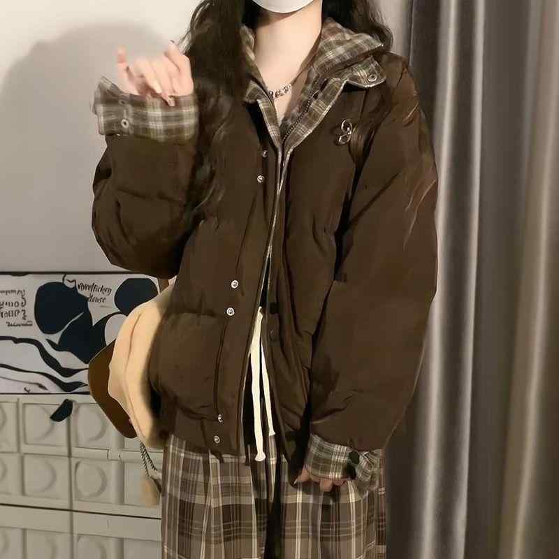 レディース 冬用 厚手 ゆったり 綿コート フェイクツーピース 切り替え チェック柄 ブラウン系 アウター フィット 暖か 日常使い コートジャケット