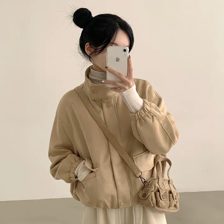 レディース 秋 ショート丈 スタンドカラー 長袖 ジャケット 韓国 シック 個性的 ユニーク トップス アウター 通勤 普段使い スタイリッシュ 軽量 伸縮性