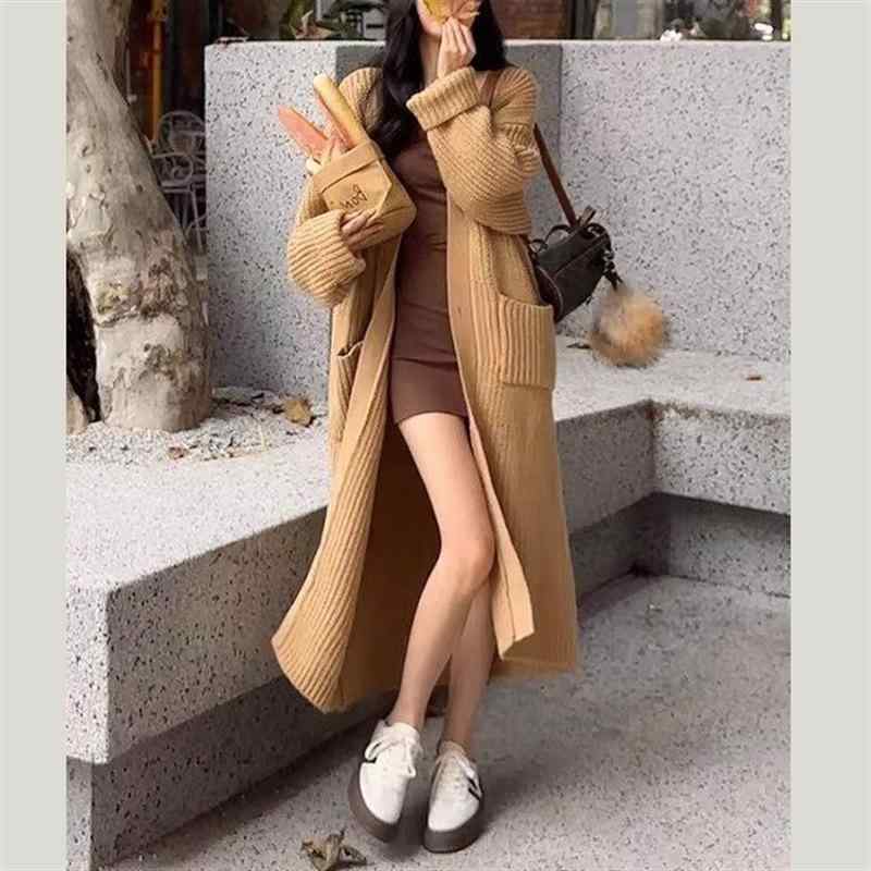 カーディガン レディース 秋冬 ロング丈 ゆったり リラックススタイル 長袖 ニット セーター 無地 細見え フィット 暖か アウター コートx2